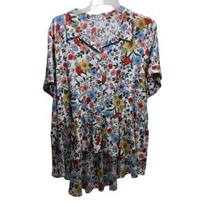 Chiffon Lagenlook Floral Shabby Boho Festival Tunic Top Womens 2X Short Sleeve